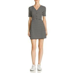 Sadie & Sage Mini Dress L Short Sleeve Ribbed Striped Black White NWT B95